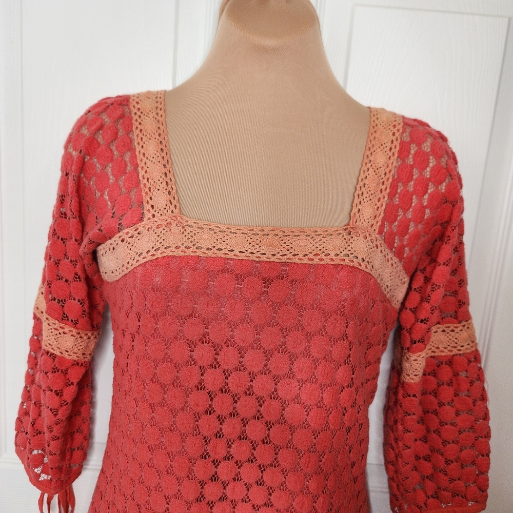 Solitaire Dress Mini Crochet Lace Retro Boho Chic Orange Pink Peach Size Small - Picture 3 of 10